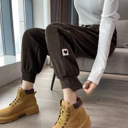 FA53067# 秋冬季雪尼尔裤子女新款加绒加厚运动裤外穿显瘦高腰束脚哈伦裤女  服裝批發女裝批發服飾貨源