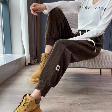 FA53067# 秋冬季雪尼尔裤子女新款加绒加厚运动裤外穿显瘦高腰束脚哈伦裤女  服裝批發女裝批發服飾貨源