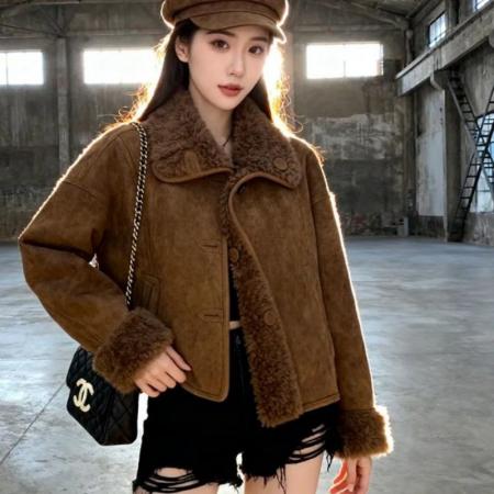 FA53068# 咖色羊羔外套皮毛一体新款复古拉德保暖上衣小个子毛毛短款外套  服裝批發女裝批發服飾貨源