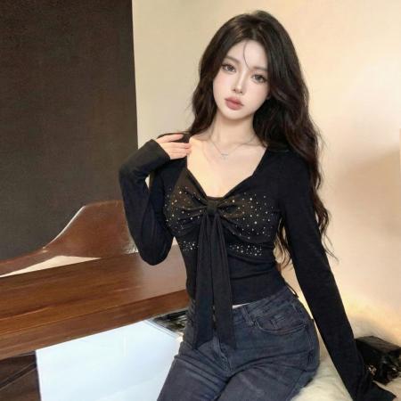 FA53070# 纯欲辣妹U领露锁骨蝴蝶结镶钻长袖T恤弹力修身显瘦打底上衣  服裝批發女裝批發服飾貨源