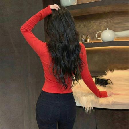 FA53070# 纯欲辣妹U领露锁骨蝴蝶结镶钻长袖T恤弹力修身显瘦打底上衣  服裝批發女裝批發服飾貨源