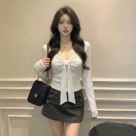 FA53070# 纯欲辣妹U领露锁骨蝴蝶结镶钻长袖T恤弹力修身显瘦打底上衣  服裝批發女裝批發服飾貨源