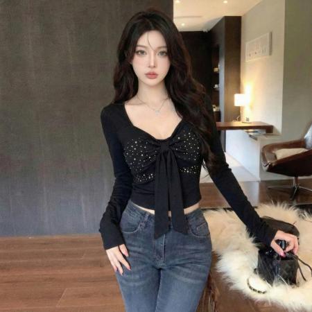 FA53070# 纯欲辣妹U领露锁骨蝴蝶结镶钻长袖T恤弹力修身显瘦打底上衣  服裝批發女裝批發服飾貨源