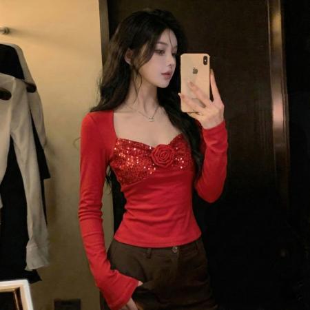 FA53071# 春秋纯欲辣妹U领露锁骨亮片长袖T恤衫立体玫瑰花朵打底上衣  服裝批發女裝批發服飾貨源