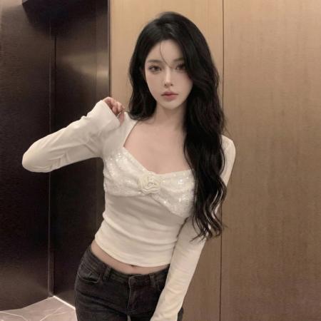 FA53071# 春秋纯欲辣妹U领露锁骨亮片长袖T恤衫立体玫瑰花朵打底上衣  服裝批發女裝批發服飾貨源