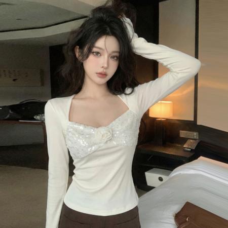 FA53071# 春秋纯欲辣妹U领露锁骨亮片长袖T恤衫立体玫瑰花朵打底上衣  服裝批發女裝批發服飾貨源