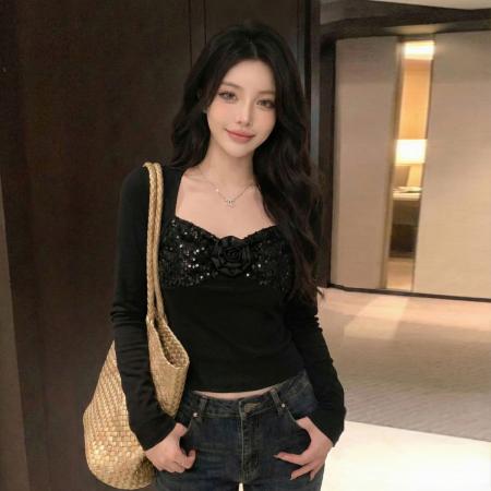 FA53071# 春秋纯欲辣妹U领露锁骨亮片长袖T恤衫立体玫瑰花朵打底上衣  服裝批發女裝批發服飾貨源