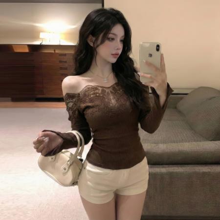 FA53073# 性感纯欲辣妹一字肩露锁骨长袖T恤蕾丝花边拼接针织打底上衣  服裝批發女裝批發服飾貨源