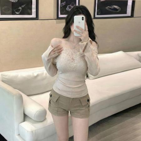 FA53073# 性感纯欲辣妹一字肩露锁骨长袖T恤蕾丝花边拼接针织打底上衣  服裝批發女裝批發服飾貨源