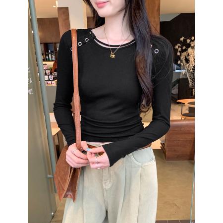 FA53076# 图圆领打底衫T恤女秋冬新款内搭可外穿高级感长袖上衣  服裝批發女裝批發服飾貨源