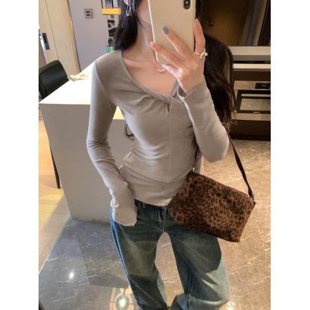 FA53077# 图扭结V领磨毛打底衫女秋冬新款今年流行爆款内搭小上衣  服裝批發女裝批發服飾貨源