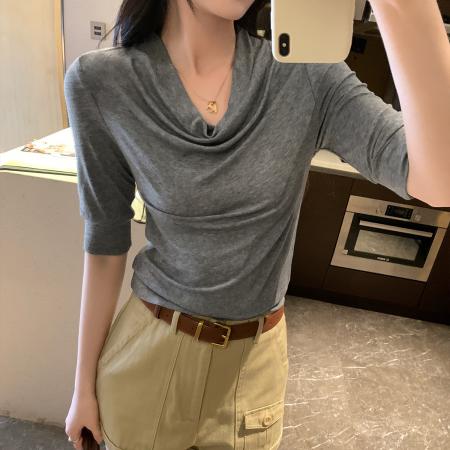 FA53078# 图高级感羊毛灰色荡领打底衫T恤女秋新款内搭五分袖上衣  服裝批發女裝批發服飾貨源