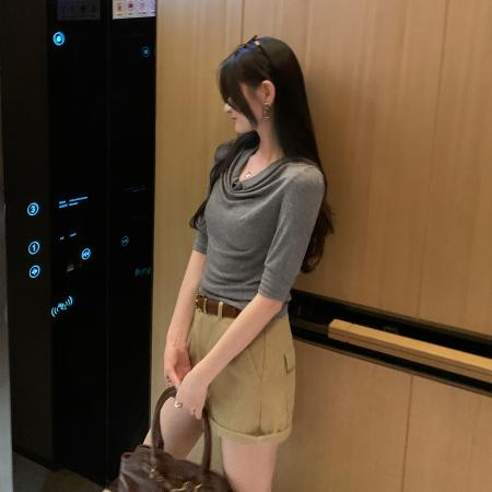 FA53078# 图高级感羊毛灰色荡领打底衫T恤女秋新款内搭五分袖上衣  服裝批發女裝批發服飾貨源