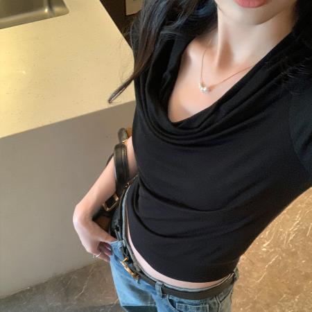 FA53078# 图高级感羊毛灰色荡领打底衫T恤女秋新款内搭五分袖上衣  服裝批發女裝批發服飾貨源