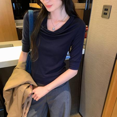 FA53078# 图高级感羊毛灰色荡领打底衫T恤女秋新款内搭五分袖上衣  服裝批發女裝批發服飾貨源