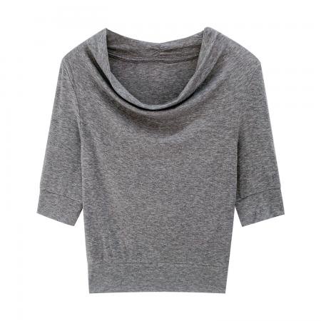 FA53078# 图高级感羊毛灰色荡领打底衫T恤女秋新款内搭五分袖上衣  服裝批發女裝批發服飾貨源