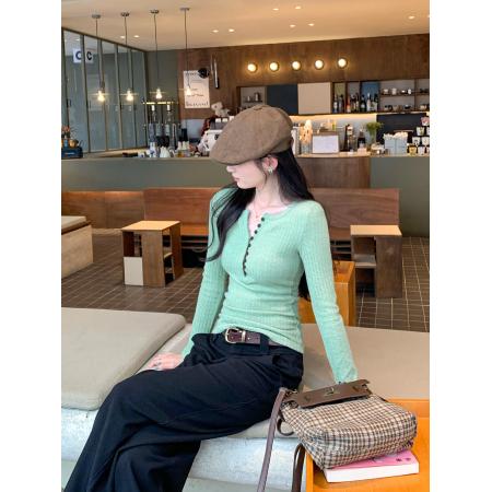 FA53079# 图韩系亨利领麻花针织打底衫女秋冬新款修身显瘦内搭上衣  服裝批發女裝批發服飾貨源