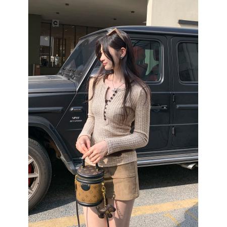 FA53079# 图韩系亨利领麻花针织打底衫女秋冬新款修身显瘦内搭上衣  服裝批發女裝批發服飾貨源