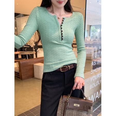 FA53079# 图韩系亨利领麻花针织打底衫女秋冬新款修身显瘦内搭上衣  服裝批發女裝批發服飾貨源