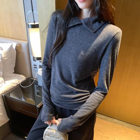 FA53080# 图条纹打底衣女内搭高级感翻领长袖T恤秋冬新款韩系上衣  服裝批發女裝批發服飾貨源
