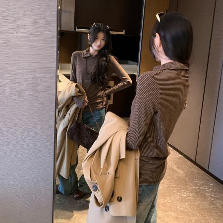 FA53080# 图条纹打底衣女内搭高级感翻领长袖T恤秋冬新款韩系上衣  服裝批發女裝批發服飾貨源