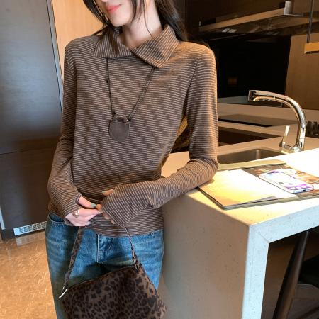 FA53080# 图条纹打底衣女内搭高级感翻领长袖T恤秋冬新款韩系上衣  服裝批發女裝批發服飾貨源