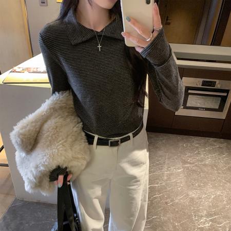 FA53080# 图条纹打底衣女内搭高级感翻领长袖T恤秋冬新款韩系上衣  服裝批發女裝批發服飾貨源