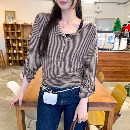 FA53081# 图半开领打底衫T恤女秋冬新款内搭高级感可外穿条纹上衣  服裝批發女裝批發服飾貨源