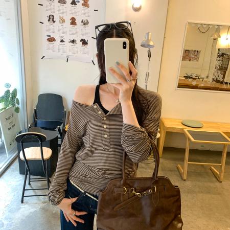 FA53081# 图半开领打底衫T恤女秋冬新款内搭高级感可外穿条纹上衣  服裝批發女裝批發服飾貨源