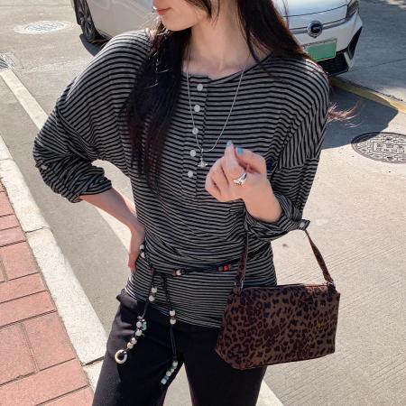 FA53081# 图半开领打底衫T恤女秋冬新款内搭高级感可外穿条纹上衣  服裝批發女裝批發服飾貨源