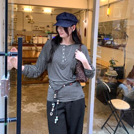 FA53081# 图半开领打底衫T恤女秋冬新款内搭高级感可外穿条纹上衣  服裝批發女裝批發服飾貨源