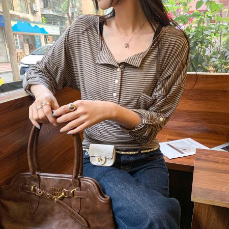 FA53081# 图半开领打底衫T恤女秋冬新款内搭高级感可外穿条纹上衣  服裝批發女裝批發服飾貨源