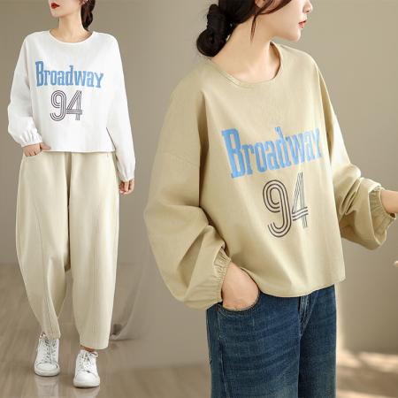 FA53082# 春装新款大码女装高级感字母印花长袖T恤棉麻套头衬衫  服裝批發女裝批發服飾貨源