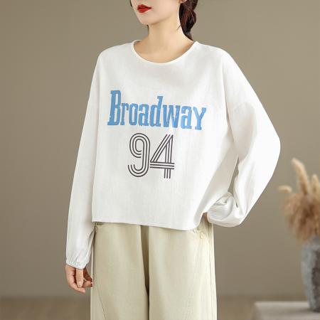 FA53082# 春装新款大码女装高级感字母印花长袖T恤棉麻套头衬衫  服裝批發女裝批發服飾貨源