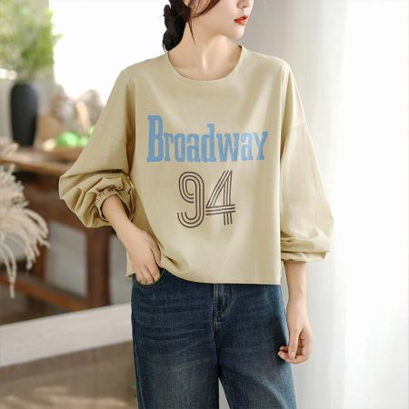 FA53082# 春装新款大码女装高级感字母印花长袖T恤棉麻套头衬衫  服裝批發女裝批發服飾貨源