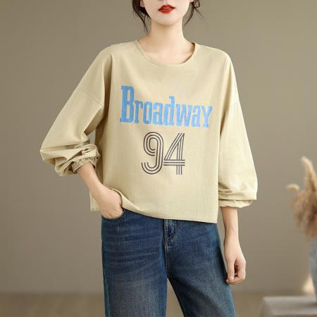 FA53082# 春装新款大码女装高级感字母印花长袖T恤棉麻套头衬衫  服裝批發女裝批發服飾貨源