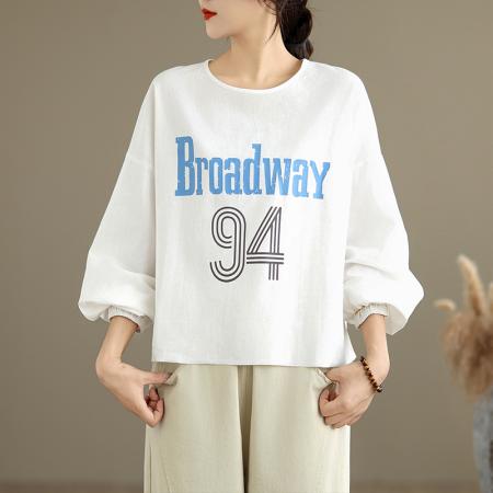 FA53082# 春装新款大码女装高级感字母印花长袖T恤棉麻套头衬衫  服裝批發女裝批發服飾貨源