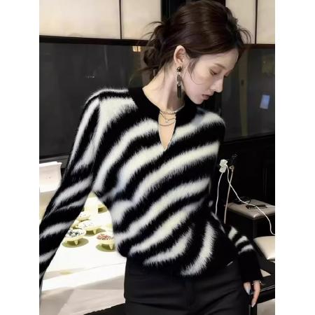 FA53083# 黑白条纹针织衫女冬季慵懒风显瘦套头毛衣  服裝批發女裝批發服飾貨源