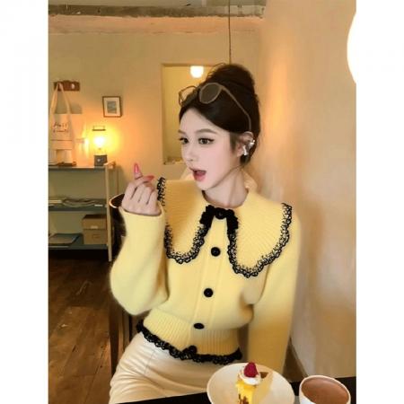 FA53086# 秋冬季新款黄色娃娃领蕾丝拼接针织毛衣女  服裝批發女裝批發服飾貨源