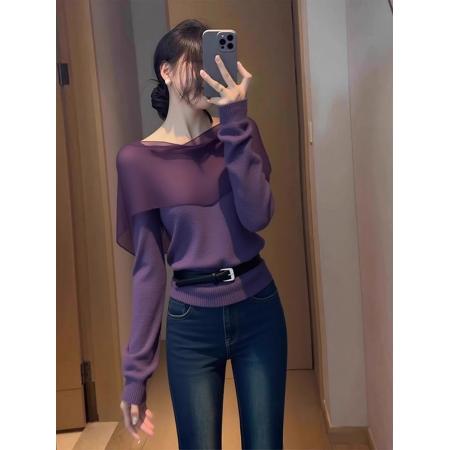 FA53087# 韩系早秋绝美紫色针织高级感chic别致超火上衣  服裝批發女裝批發服飾貨源