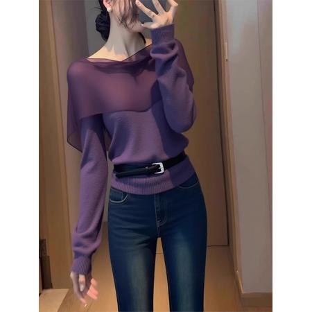 FA53087# 韩系早秋绝美紫色针织高级感chic别致超火上衣  服裝批發女裝批發服飾貨源