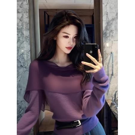 FA53087# 韩系早秋绝美紫色针织高级感chic别致超火上衣  服裝批發女裝批發服飾貨源