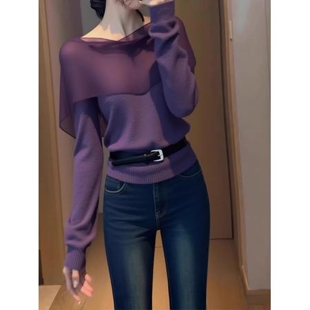 FA53087# 韩系早秋绝美紫色针织高级感chic别致超火上衣  服裝批發女裝批發服飾貨源