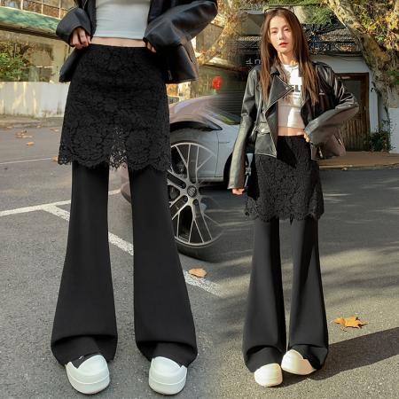 FA53088# 蕾丝拼接西装微喇叭阔腿裤女春秋爆款时尚气质休闲拖地长裤  服裝批發女裝批發服飾貨源