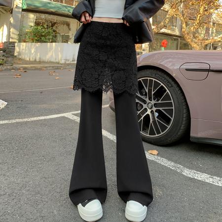 FA53088# 蕾丝拼接西装微喇叭阔腿裤女春秋爆款时尚气质休闲拖地长裤  服裝批發女裝批發服飾貨源