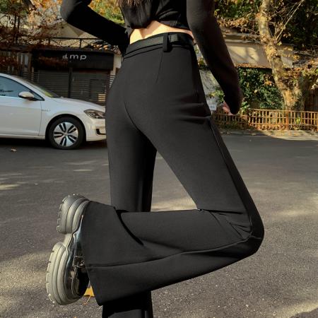 FA53089# 辣妹风高腰黑色微喇休闲裤女年春秋新款显瘦紧身百搭喇叭裤  服裝批發女裝批發服飾貨源