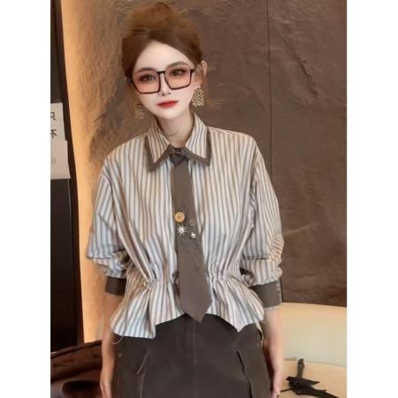 FA53090# 欧洲站春新款时尚洋气小众减龄学院风长袖翻领条纹衬衫女  服裝批發女裝批發服飾貨源