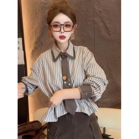 FA53090# 欧洲站春新款时尚洋气小众减龄学院风长袖翻领条纹衬衫女  服裝批發女裝批發服飾貨源