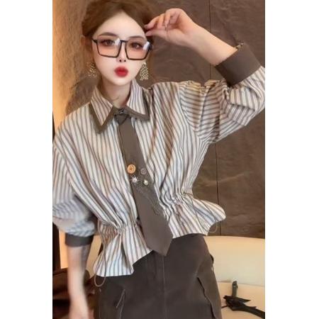 FA53090# 欧洲站春新款时尚洋气小众减龄学院风长袖翻领条纹衬衫女  服裝批發女裝批發服飾貨源