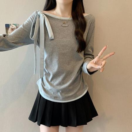 FA53091# 早春新款独特撞色一字肩长袖t恤大码女装蝴蝶结绑带设计上衣  服裝批發女裝批發服飾貨源